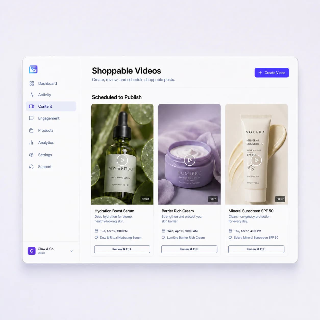 Grid & Pixel dashboard with three shoppable videos ready to review and publish