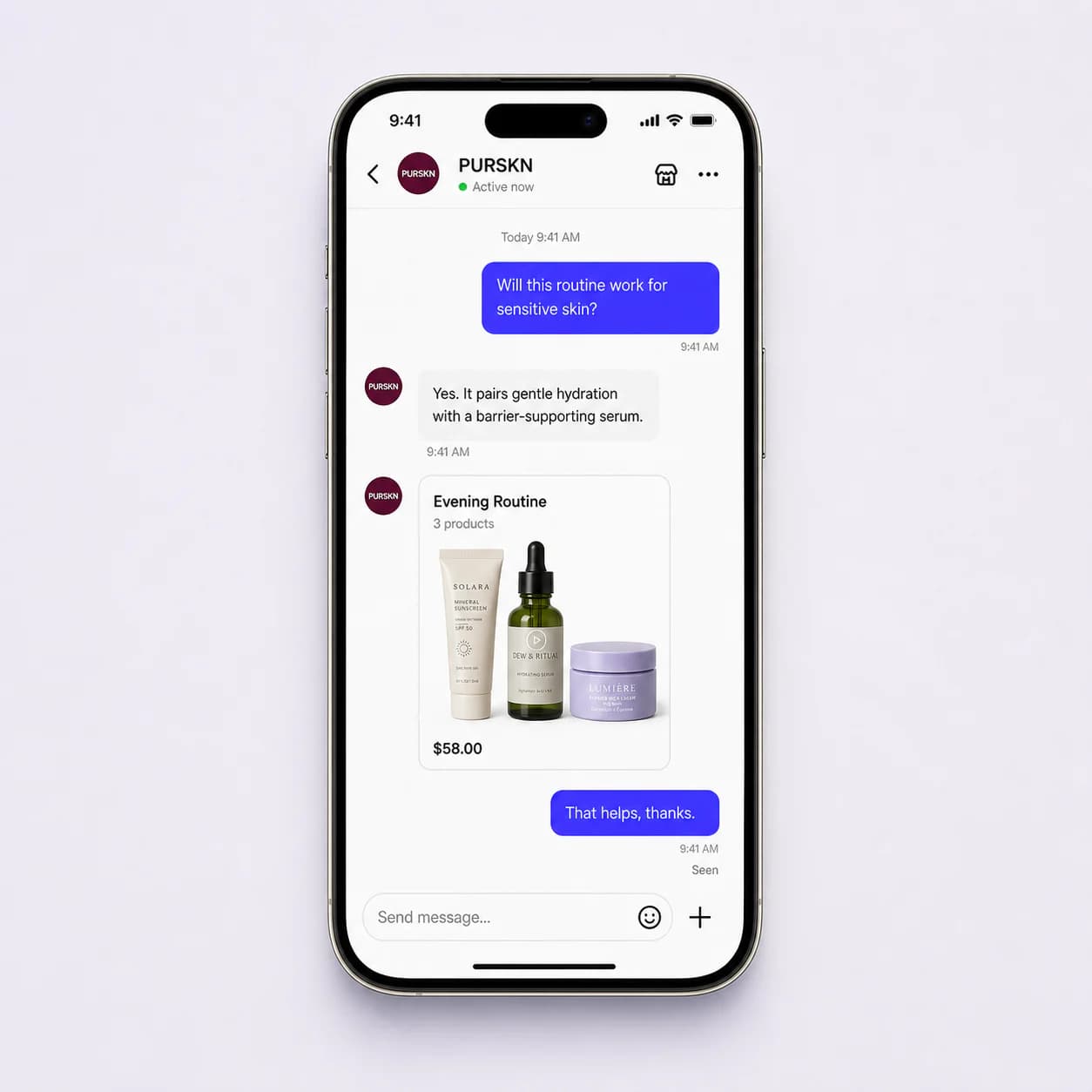 TikTok Shop skincare conversation with a product recommendation