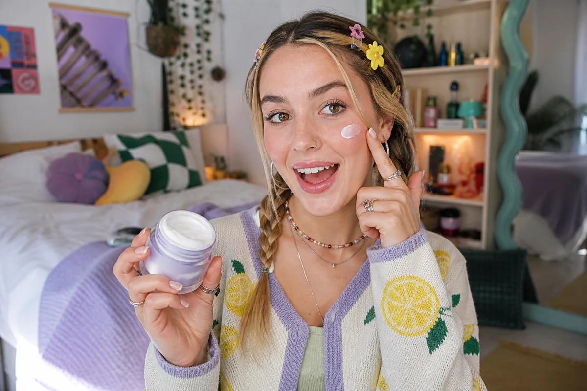 Young adult beauty creator reviewing moisturizer for TikTok Shop